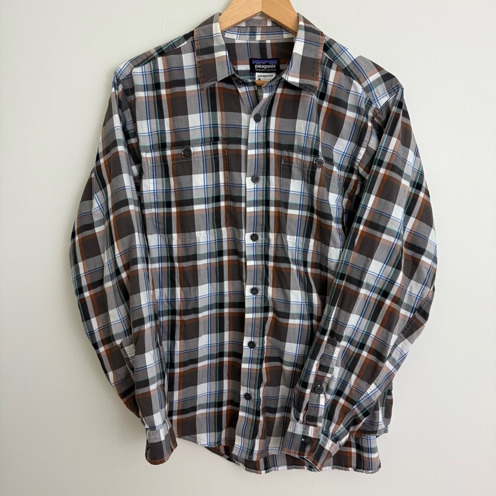Patagonia Shirt Men's S Gray Plaid 100% Organic Cotton Button Up Long Sleeve